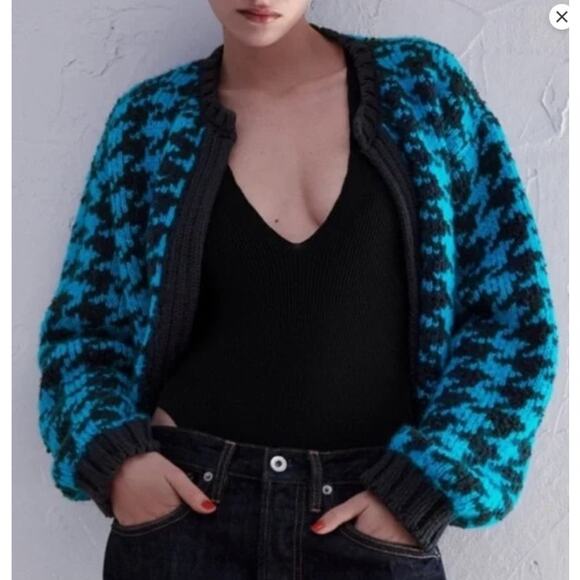 Zara‎ Blue Houndstooth Chunky Blue Black Open Cardigan Size Large Slouchy Preppy - Picture 1 of 9